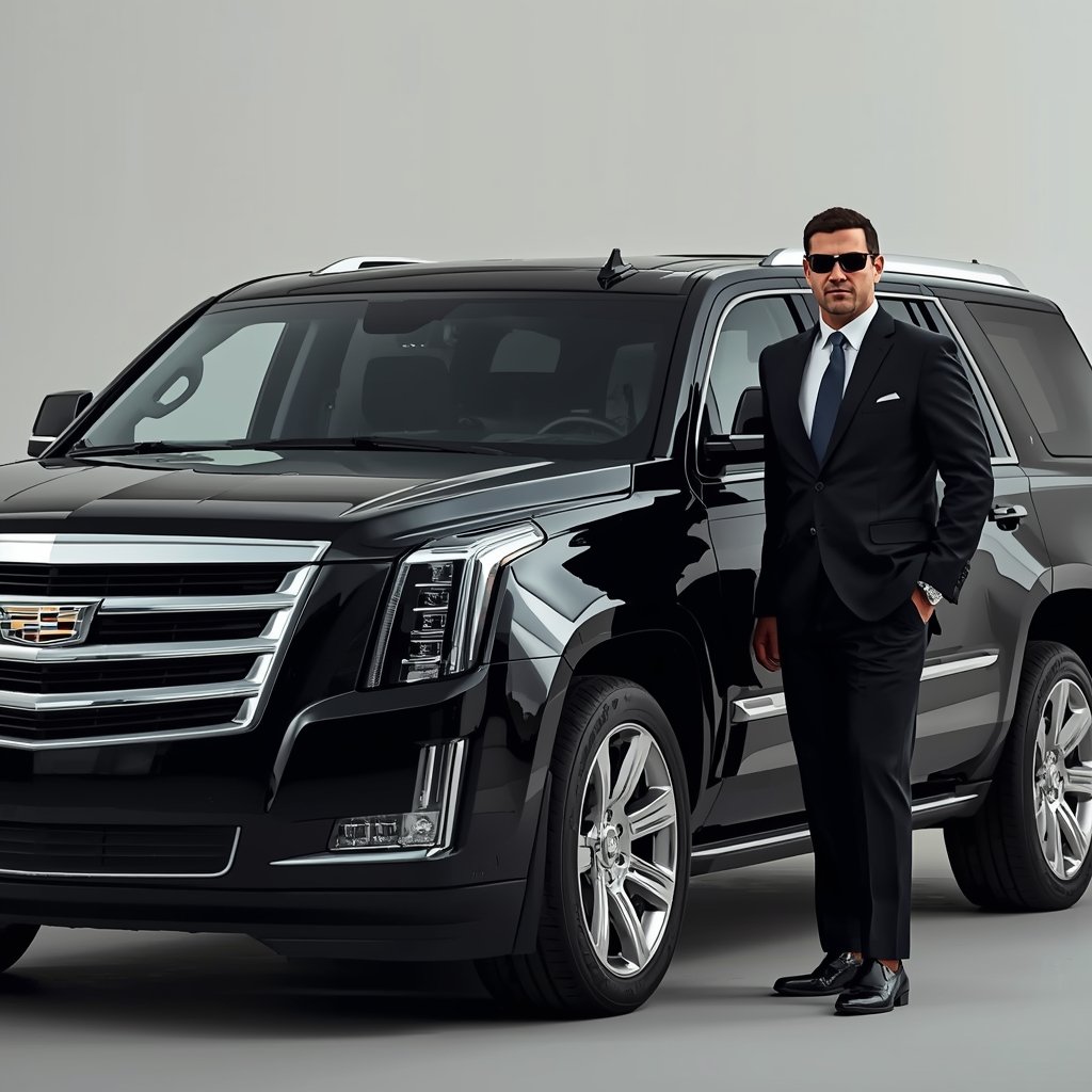 lucid-origin_black_Cadillac_Escalade_Premium_SUV_with_a_standing_corporate_driver_wearing_a_d-0